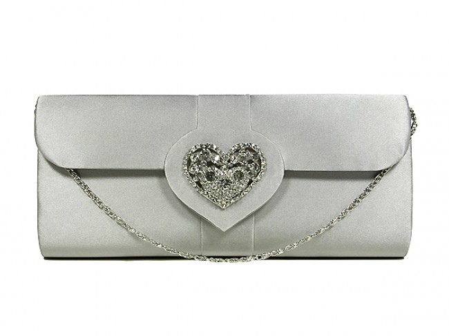 Evening Bag - Satin w/ Rhinestone Heart Charm Accent - Pewter -BG-92020P